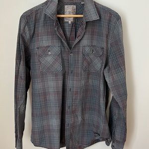 Striped/checked buttondown collared shirt w bottomed pockets gray/blue/red/pink